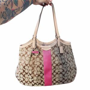 Coach Signature Monogram Print Large Shoulder Bag Pink Leather Hang Tag Charm